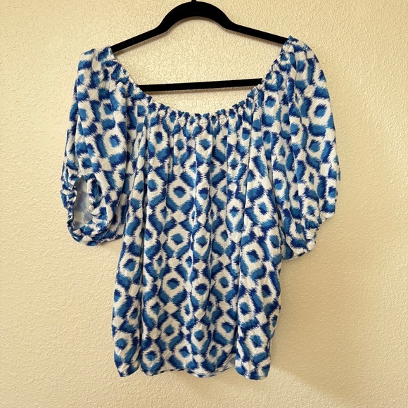 Knox Rose Blue & White Ikat Printed Short Puff Sleeve Blouse XXL - Picture 7 of 9